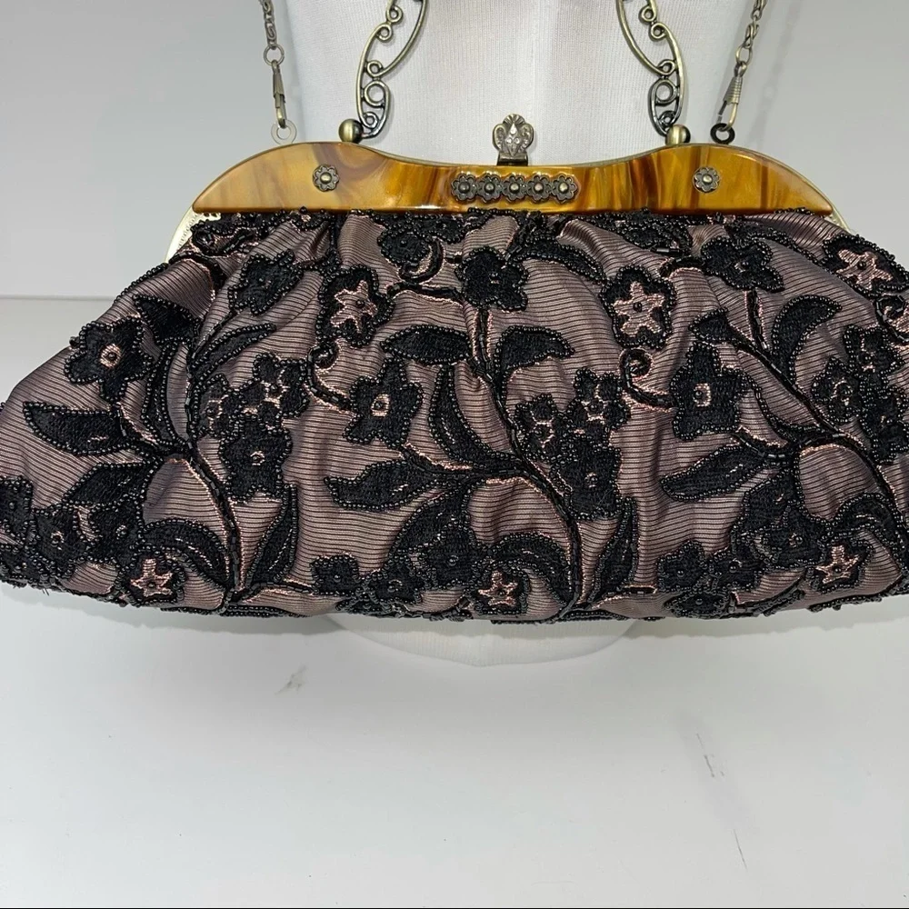 Vintage Inspired Black Gold Beaded Handbag Purse